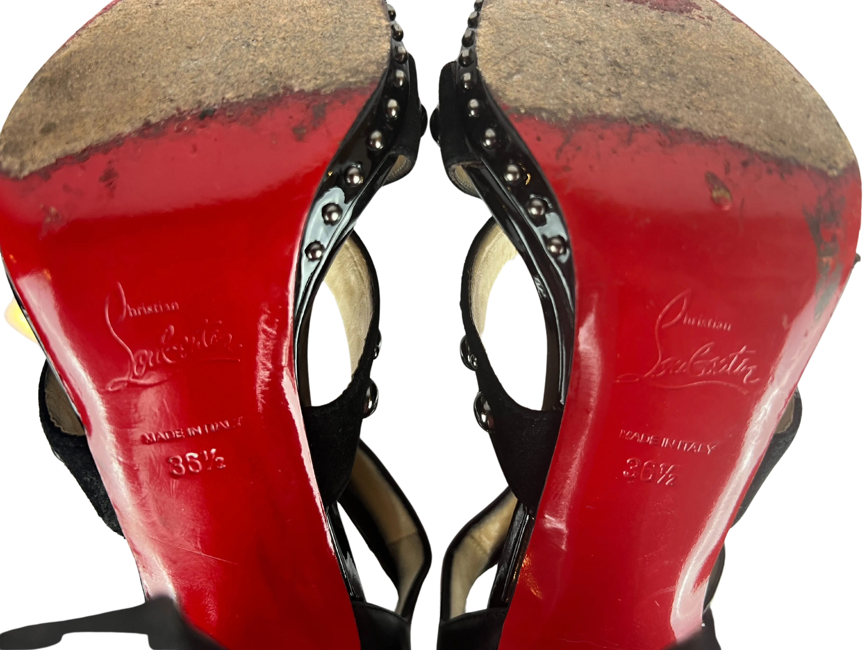 Christian Louboutin Studded Heels Decodame 120 Suede and Patent in Black, Size 36.5 EU/6 US